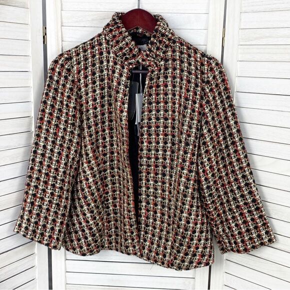 Chicos Tweed Metallic High Neck Open Front Blazer Jacket Red Black Gold Medium - Picture 8 of 14
